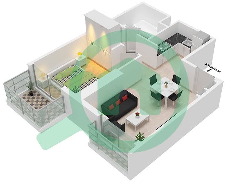المخططات الطابقية لتصميم النموذج / الوحدة B2/4 شقة 1 غرفة نوم - برج كراون Floor 3-6 interactive3D