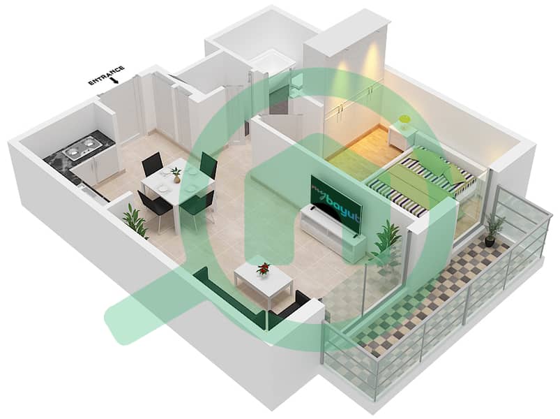 المخططات الطابقية لتصميم النموذج / الوحدة C1/3 شقة 1 غرفة نوم - برج كراون Floor 7 interactive3D