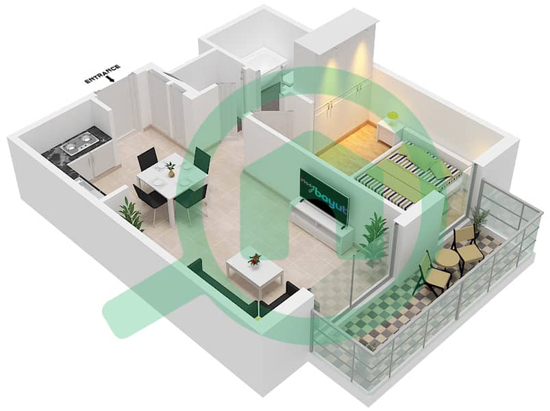 المخططات الطابقية لتصميم النموذج / الوحدة C3/6 شقة 1 غرفة نوم - برج كراون Floor 40-43 interactive3D