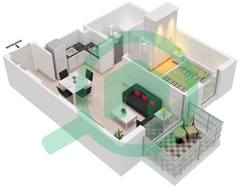 Burj Crown - 1 Bedroom Apartment Type/unit D2/2,10 Floor plan Floor 40-43 interactive3D