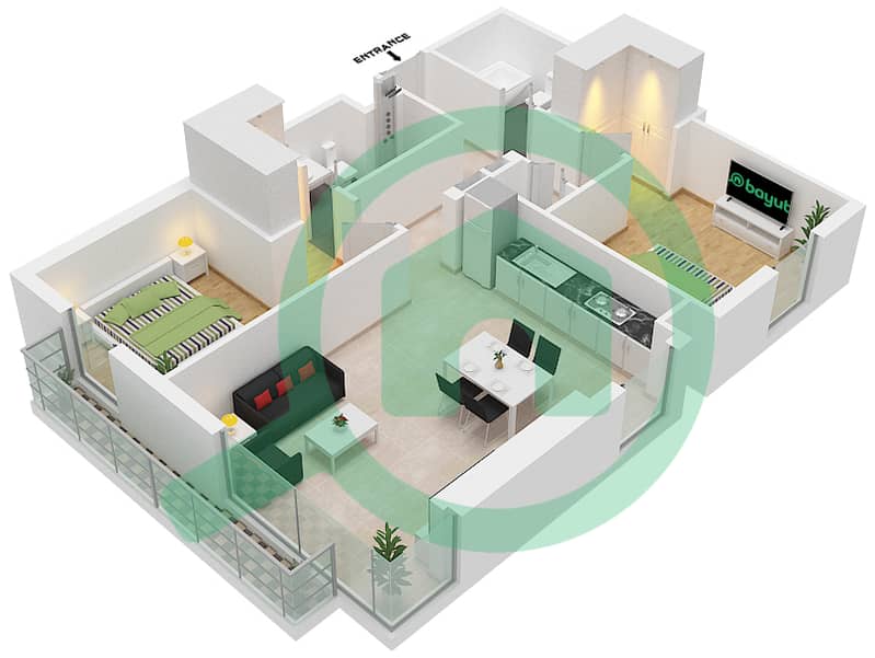 Burj Crown - 2 Bedroom Apartment Type/unit A1/1,6 Floor plan Floor 1-2 interactive3D