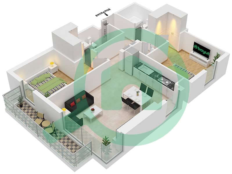 المخططات الطابقية لتصميم النموذج / الوحدة A2/1,6 شقة 2 غرفة نوم - برج كراون Floor 3-6 interactive3D