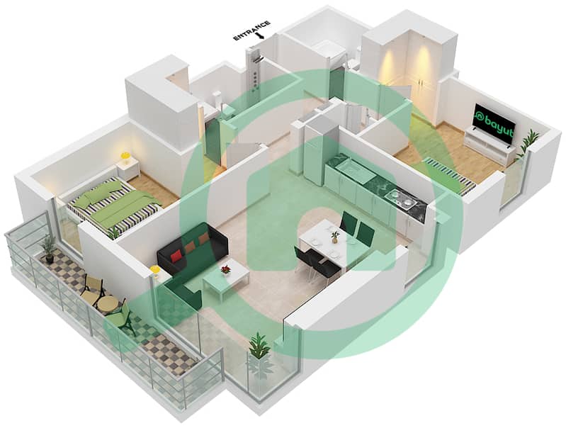 المخططات الطابقية لتصميم النموذج / الوحدة A3/1,5 شقة 2 غرفة نوم - برج كراون Floor 7 interactive3D