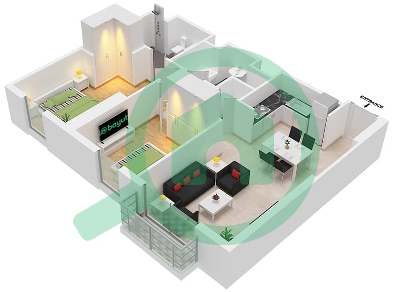 المخططات الطابقية لتصميم النموذج / الوحدة B1/2,5 شقة 2 غرفة نوم - برج كراون Floor 1-2 interactive3D