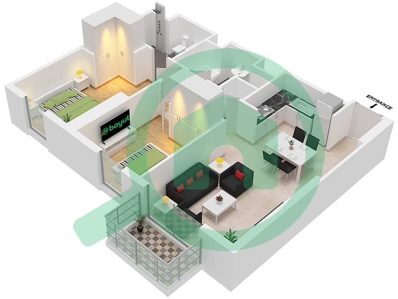 المخططات الطابقية لتصميم النموذج / الوحدة B2/2,5 شقة 2 غرفة نوم - برج كراون Floor 3-6 interactive3D