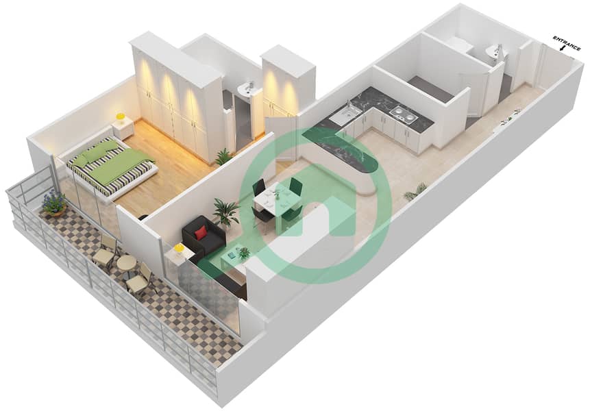 المخططات الطابقية لتصميم التصميم 9 شقة 1 غرفة نوم - شقق الأرينا Floor 1-10 interactive3D