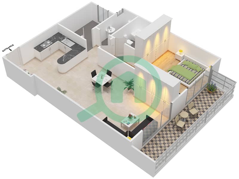 المخططات الطابقية لتصميم التصميم 1 شقة 1 غرفة نوم - شقق الأرينا Floor 1-10 interactive3D