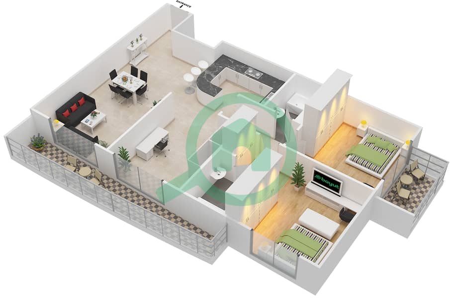 المخططات الطابقية لتصميم التصميم 4 شقة 2 غرفة نوم - شقق الأرينا Floor 1-10 interactive3D
