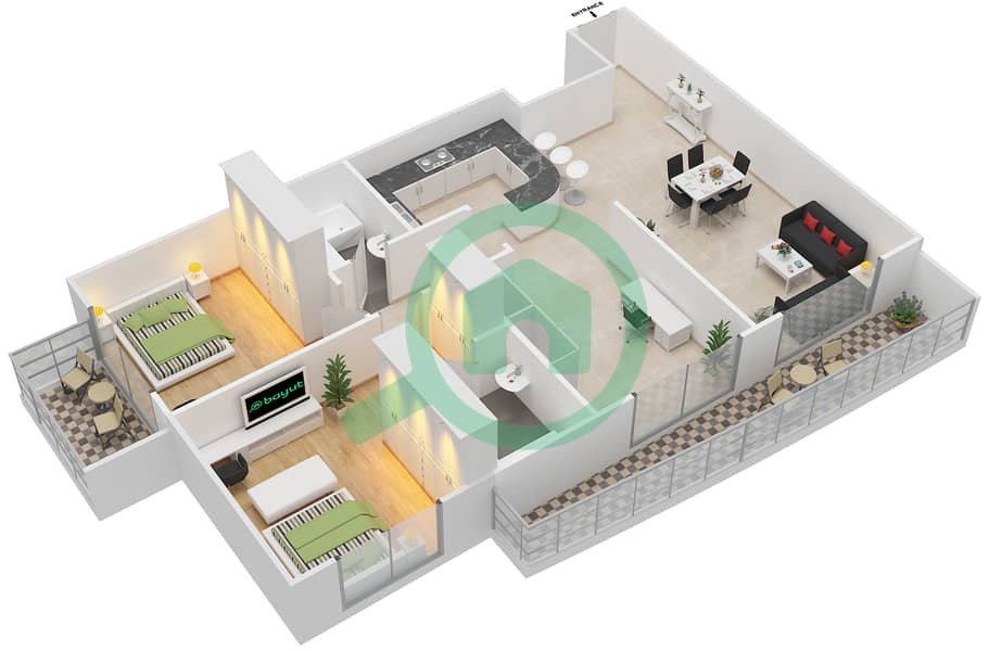 المخططات الطابقية لتصميم التصميم 11 شقة 2 غرفة نوم - شقق الأرينا Floor 1-10 interactive3D