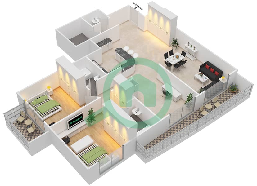 竞技场公寓 - 2 卧室公寓套房5戶型图 Floor 1-10 interactive3D
