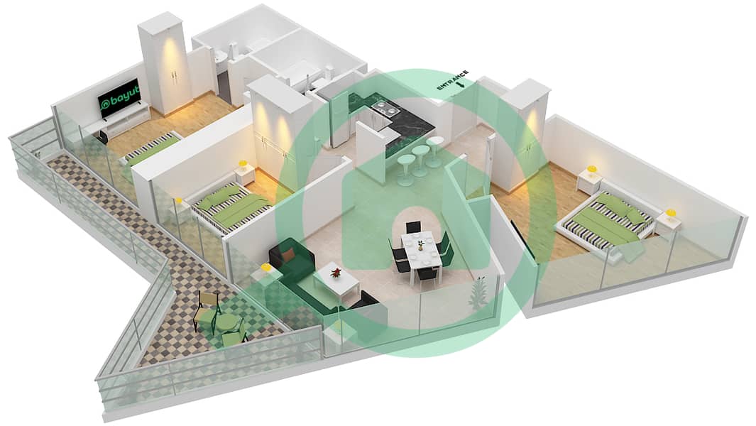 المخططات الطابقية لتصميم الوحدة 1 شقة 3 غرف نوم - آيكون سيتي interactive3D