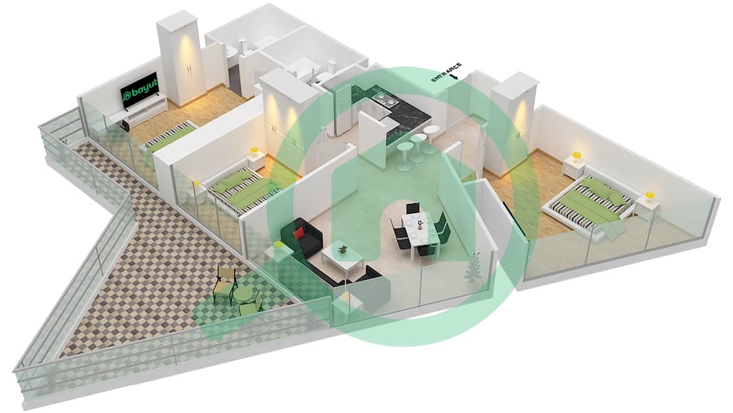 المخططات الطابقية لتصميم الوحدة 1 FLOOR57-70 شقة 3 غرف نوم - آيكون سيتي interactive3D