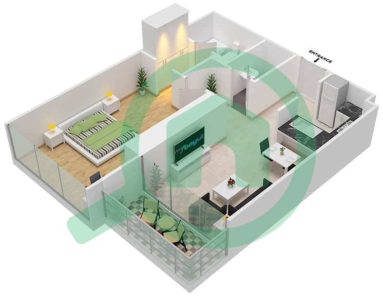 المخططات الطابقية لتصميم الوحدة 2 شقة 1 غرفة نوم - آيكون سيتي interactive3D