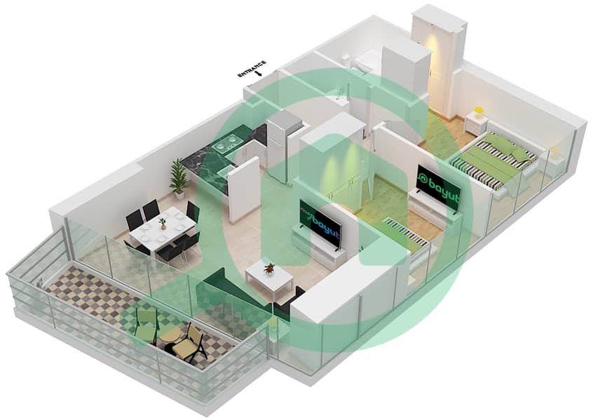 المخططات الطابقية لتصميم الوحدة 7  FLOOR 63-70 شقة 2 غرفة نوم - آيكون سيتي interactive3D