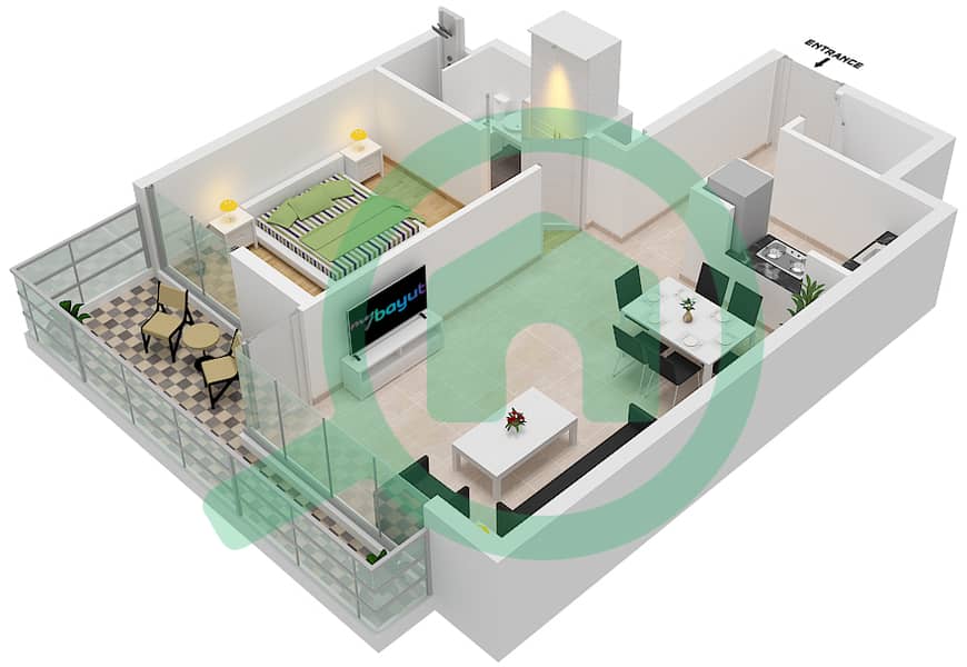 المخططات الطابقية لتصميم النموذج 2-B شقة 1 غرفة نوم - بلو باي ووك interactive3D
