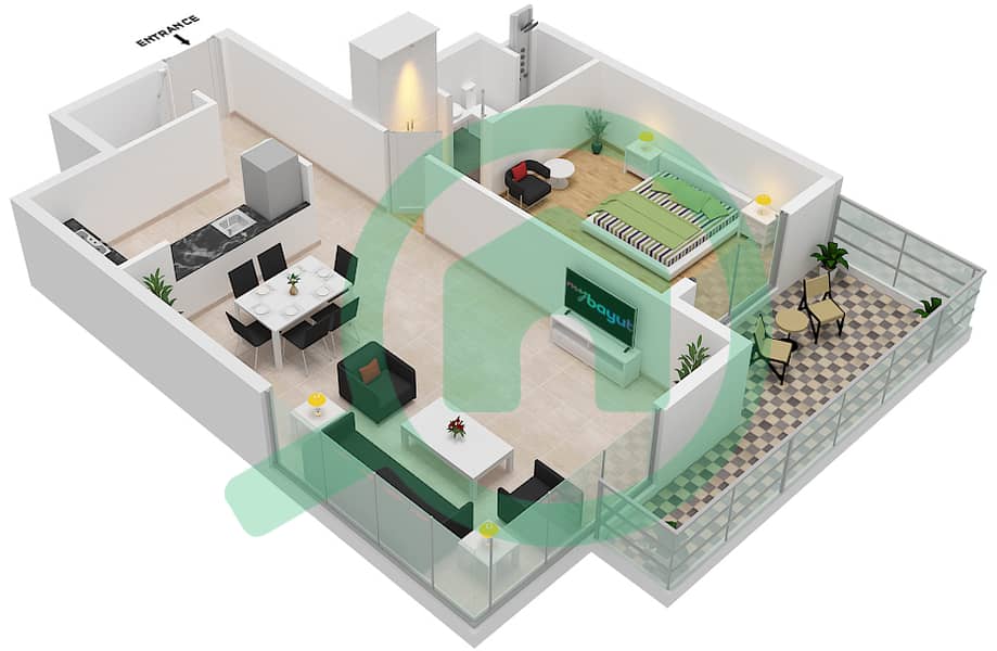 المخططات الطابقية لتصميم النموذج 1-B شقة 1 غرفة نوم - بلو باي ووك interactive3D