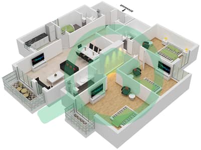 المخططات الطابقية لتصميم الوحدة 03 FLOOR 3-5 شقة 3 غرف نوم - نور ريزيدنسيز