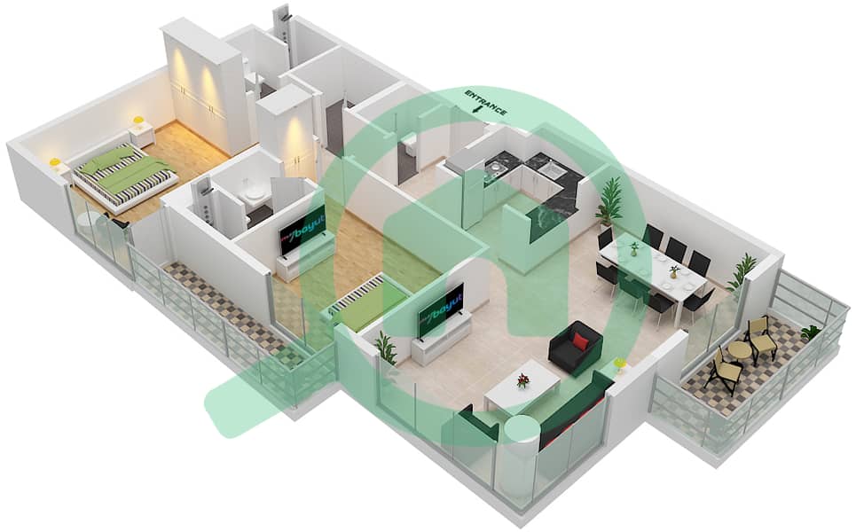 Блю Бэй Уолк - Апартамент 2 Cпальни планировка Тип 1-A interactive3D