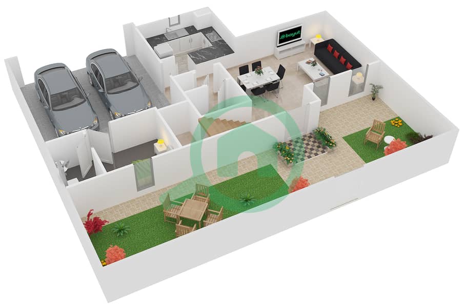 المخططات الطابقية لتصميم الوحدة D تاون هاوس 2 غرفة نوم - امارانتا Ground Floor interactive3D