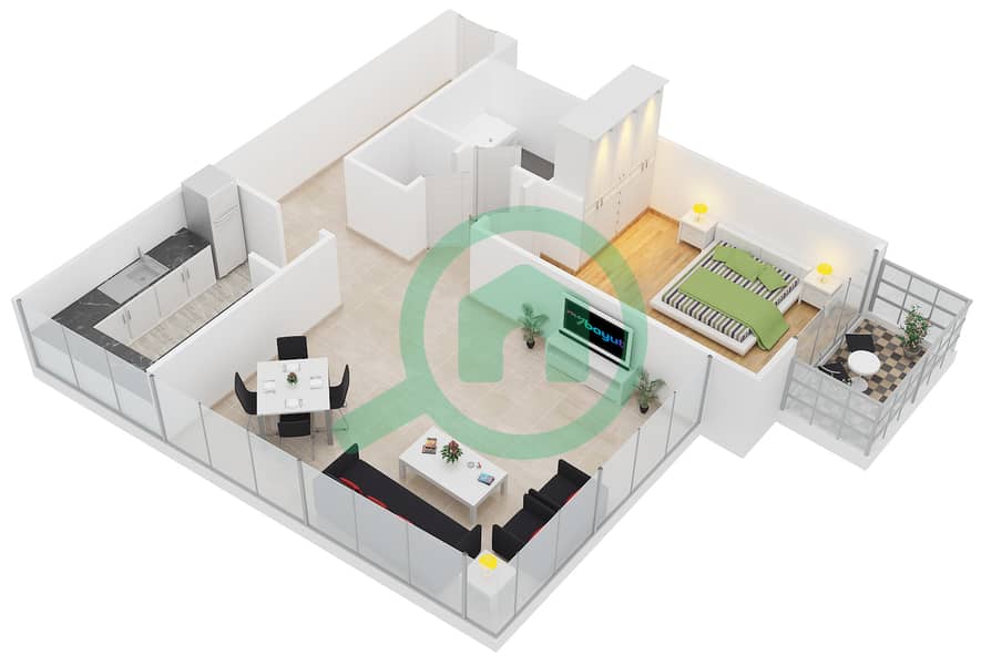 المخططات الطابقية لتصميم النموذج 1 شقة 1 غرفة نوم - برج مانهاتن interactive3D