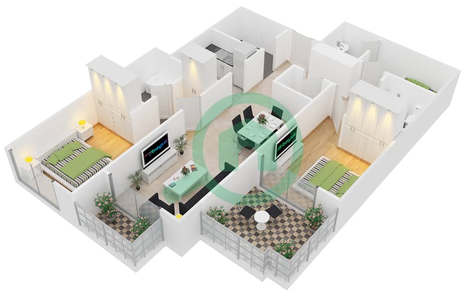 المخططات الطابقية لتصميم النموذج 4 شقة 2 غرفة نوم - برج مانهاتن interactive3D