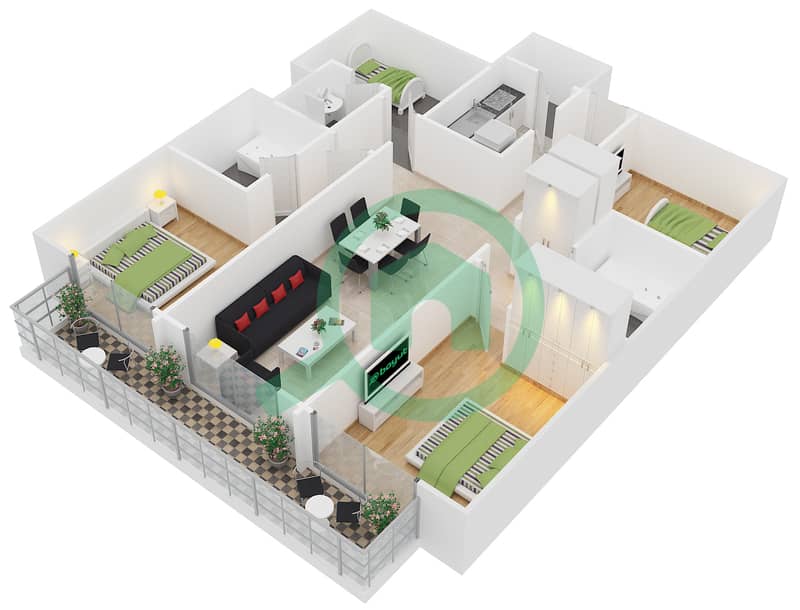 المخططات الطابقية لتصميم النموذج 5 شقة 3 غرف نوم - برج مانهاتن interactive3D