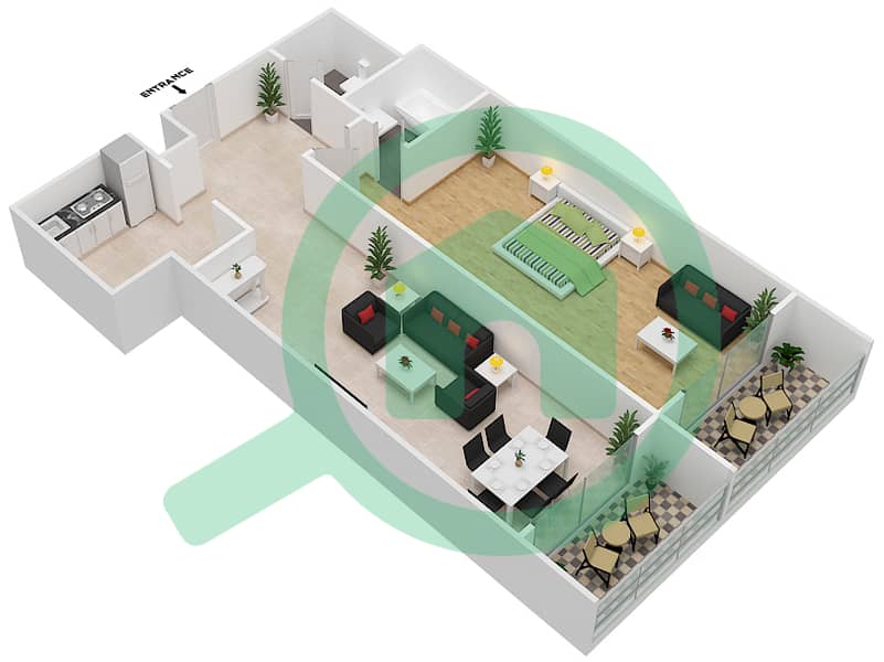 المخططات الطابقية لتصميم النموذج 1 شقة 1 غرفة نوم - برج يوني ايستات برايم interactive3D