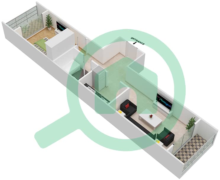 المخططات الطابقية لتصميم النموذج 3 شقة 1 غرفة نوم - برج يوني ايستات برايم interactive3D