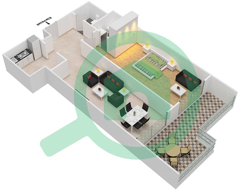 المخططات الطابقية لتصميم النموذج 4 شقة 1 غرفة نوم - برج يوني ايستات برايم interactive3D