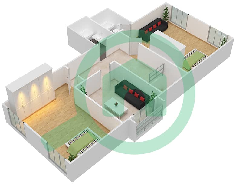 المخططات الطابقية لتصميم النموذج 7 شقة 2 غرفة نوم - برج يوني ايستات برايم Uper Level interactive3D