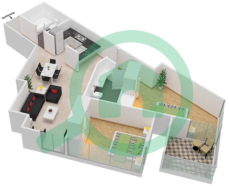 المخططات الطابقية لتصميم الوحدة 12  FLOOR 57-62 شقة 2 غرفة نوم - آيكون سيتي interactive3D