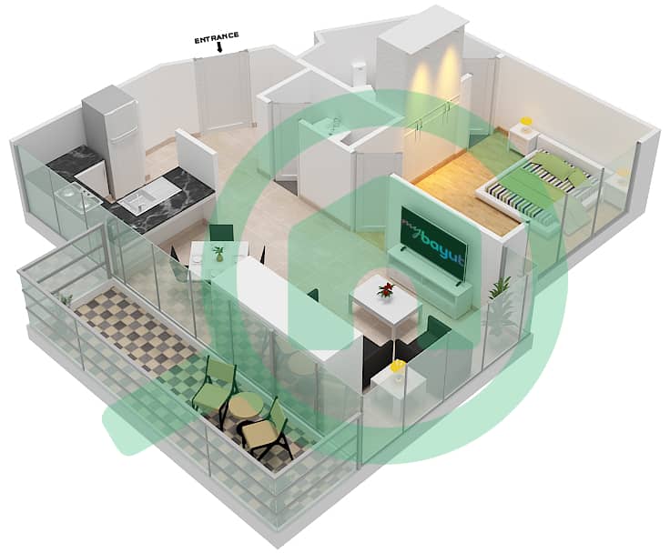 爱康城 - 1 卧室公寓单位13  FLOOR 57-62戶型图 interactive3D