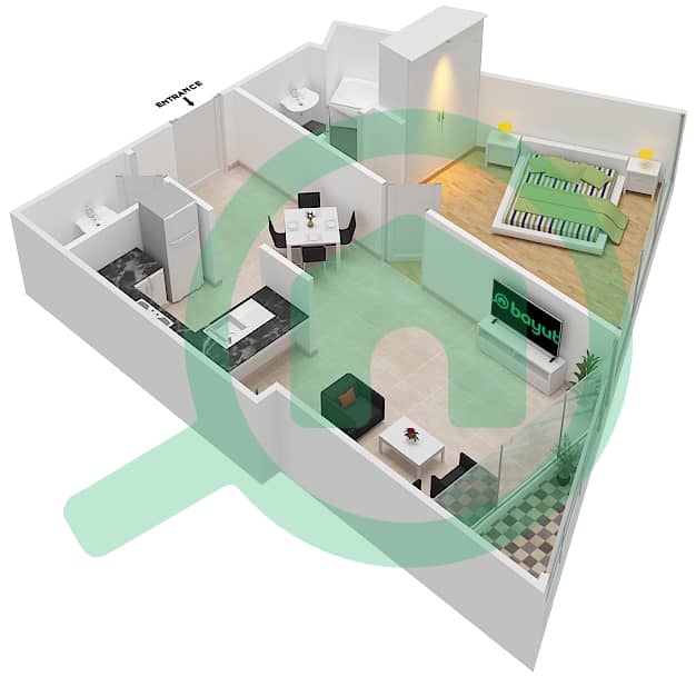 爱康城 - 1 卧室公寓单位13  FLOOR 63-69戶型图 interactive3D