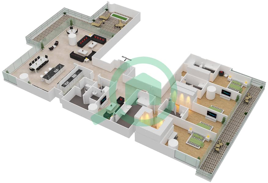 المخططات الطابقية لتصميم الوحدة 702 شقة 4 غرف نوم - ون في نخلة جميرا Floor 7 interactive3D