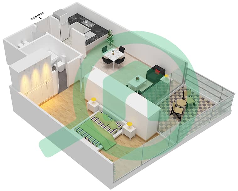 المخططات الطابقية لتصميم الوحدة 14  FLOOR 70 شقة 1 غرفة نوم - آيكون سيتي interactive3D