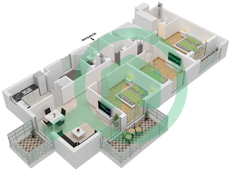 Sapphire Beach Residence by Eagle Hills - 3 Bedroom Apartment Type/unit 3A-2M/113,215 Floor plan interactive3D