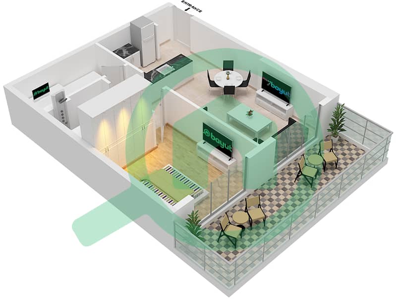 المخططات الطابقية لتصميم النموذج B شقة 1 غرفة نوم - ماج 318 interactive3D