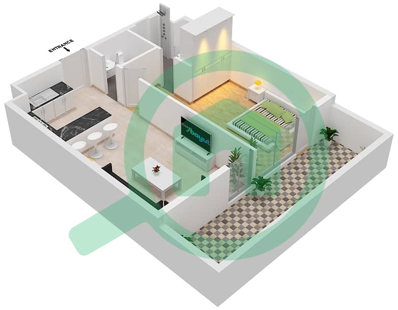 المخططات الطابقية لتصميم النموذج A1 شقة 1 غرفة نوم - مساكن أريا interactive3D
