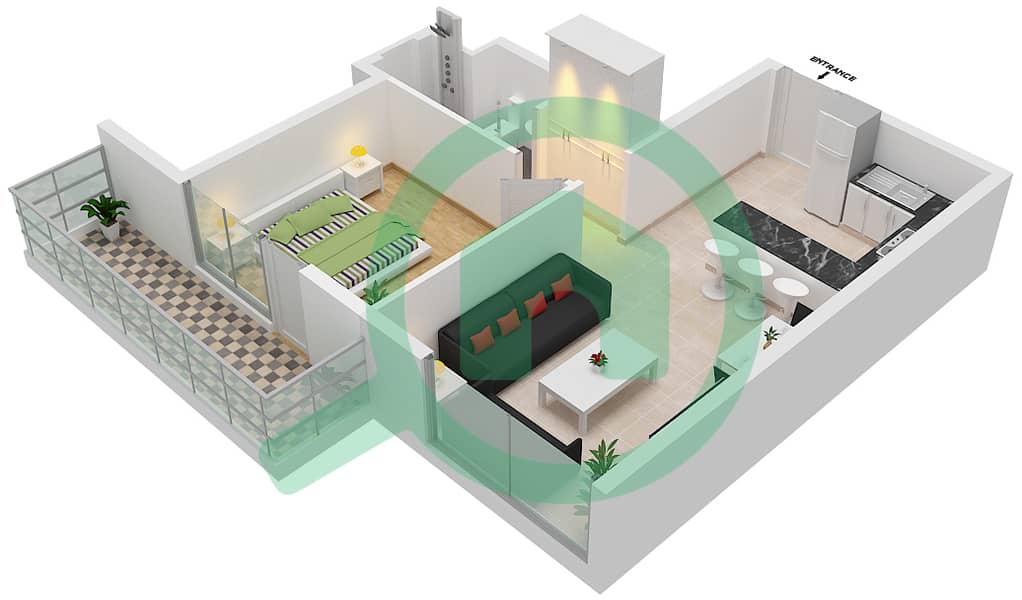 المخططات الطابقية لتصميم النموذج A2 شقة 1 غرفة نوم - مساكن أريا interactive3D