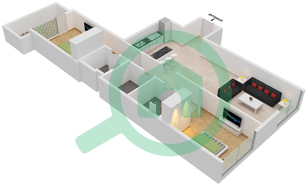 المخططات الطابقية لتصميم النموذج B1 شقة 2 غرفة نوم - مساكن أريا interactive3D