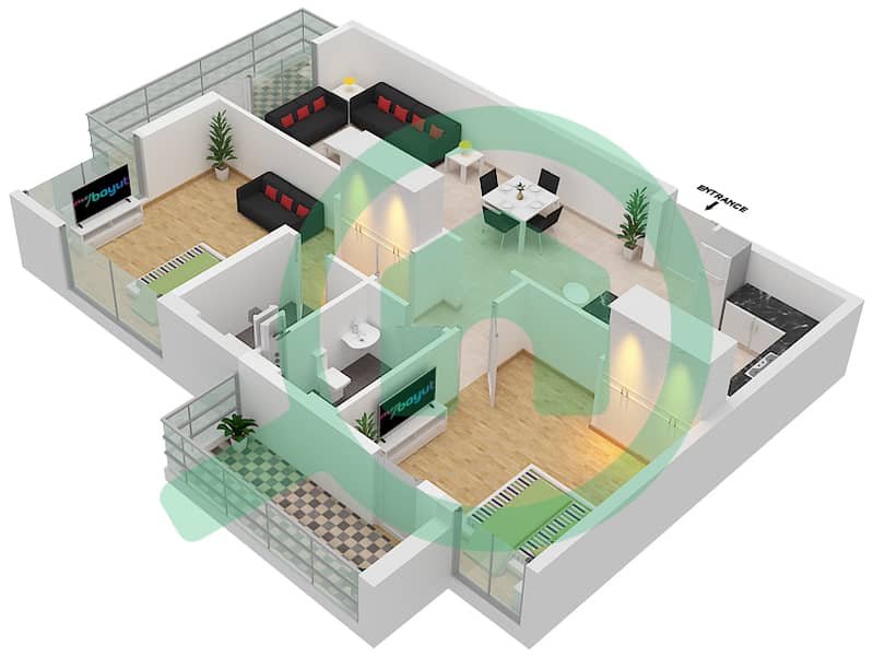 المخططات الطابقية لتصميم النموذج B2 شقة 2 غرفة نوم - مساكن أريا interactive3D