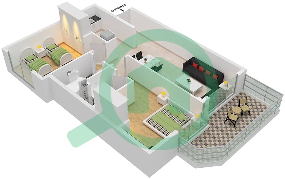 المخططات الطابقية لتصميم النموذج A شقة 2 غرفة نوم - ماج 318 interactive3D