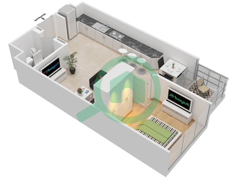 المخططات الطابقية لتصميم النموذج 1B شقة 1 غرفة نوم - عزيزي جراند interactive3D