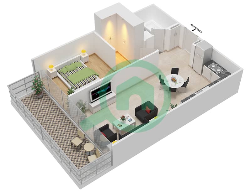 المخططات الطابقية لتصميم النموذج 2B شقة 1 غرفة نوم - عزيزي جراند interactive3D