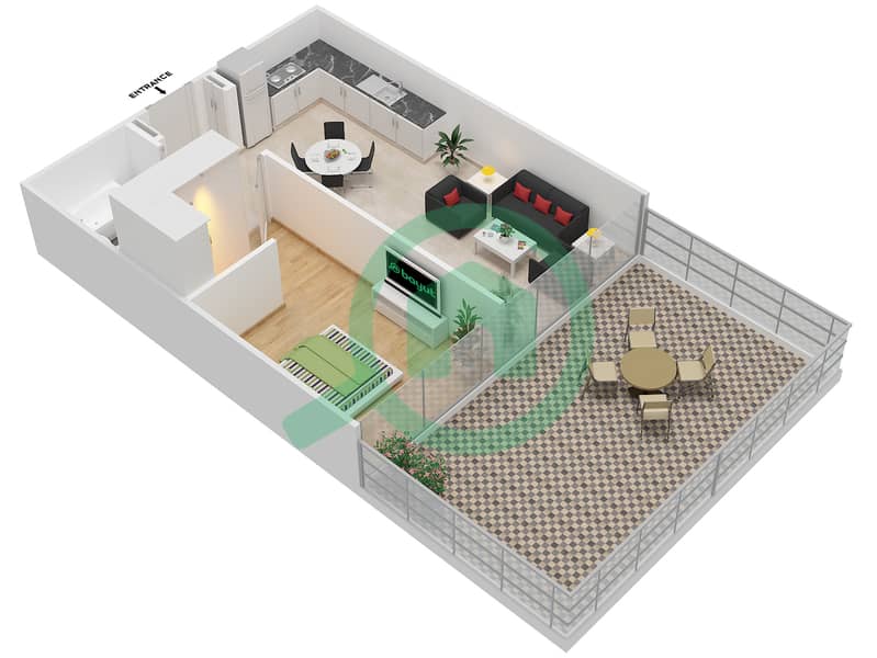 阿齐兹大区 - 1 卧室公寓类型2A戶型图 Floor 1 interactive3D