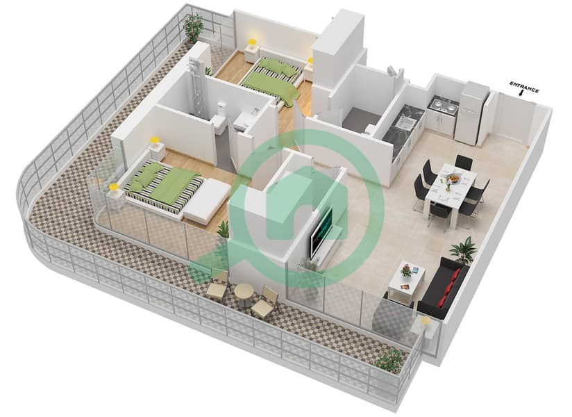 المخططات الطابقية لتصميم النموذج 1B شقة 2 غرفة نوم - عزيزي جراند Floor 2 interactive3D