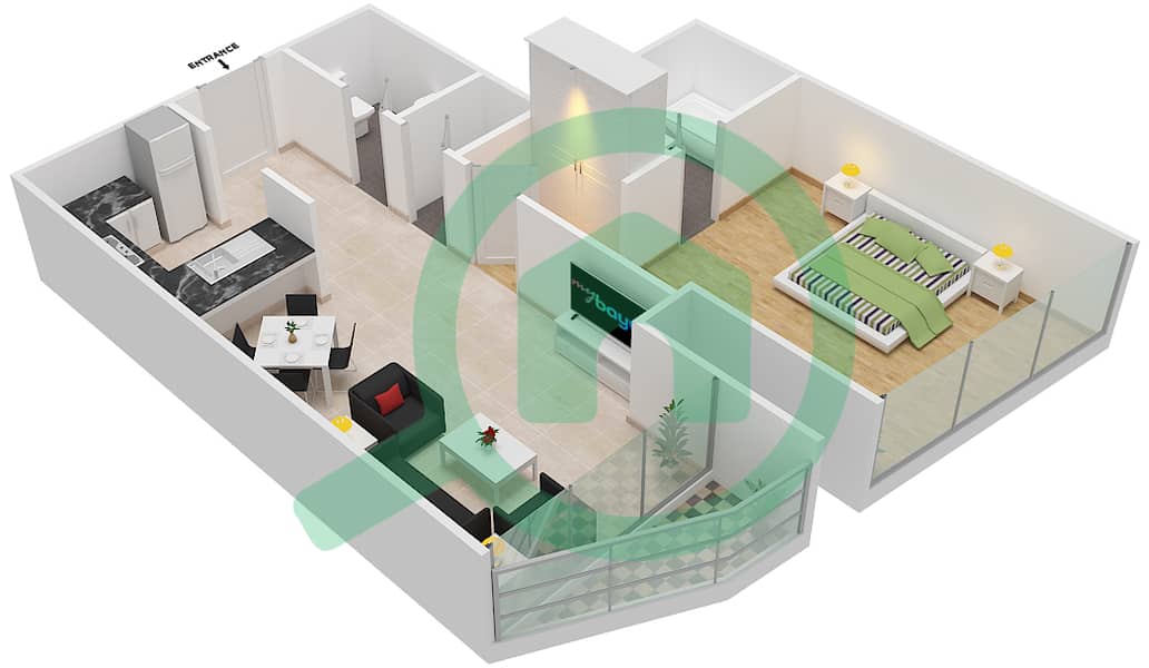 المخططات الطابقية لتصميم الوحدة 15  FLOOR 70 شقة 1 غرفة نوم - آيكون سيتي interactive3D