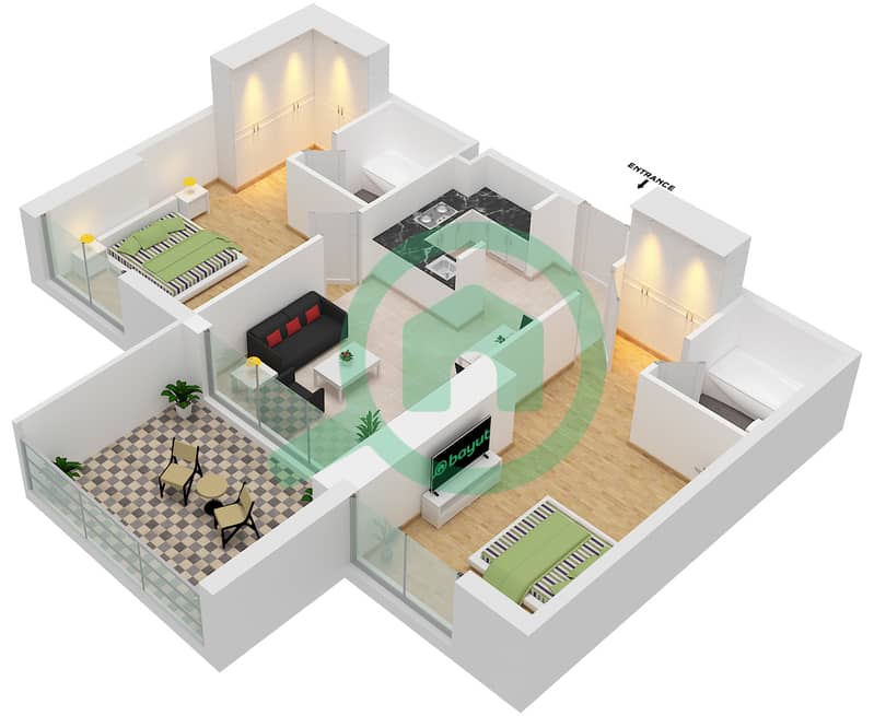爱康城 - 2 卧室公寓单位1  FLOOR 12-37戶型图 interactive3D