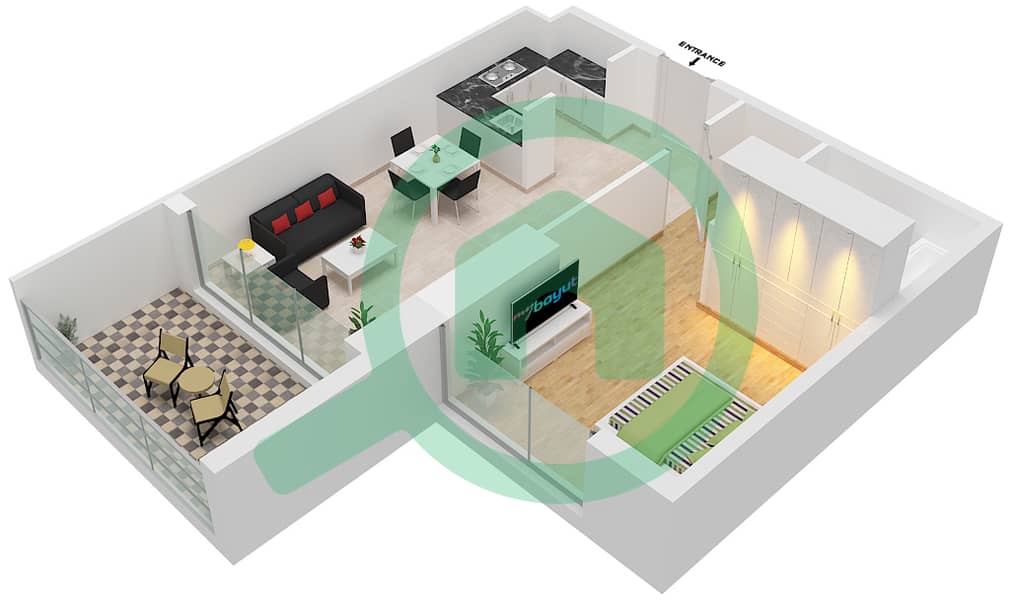 爱康城 - 1 卧室公寓单位2  FLOOR 38-59戶型图 interactive3D