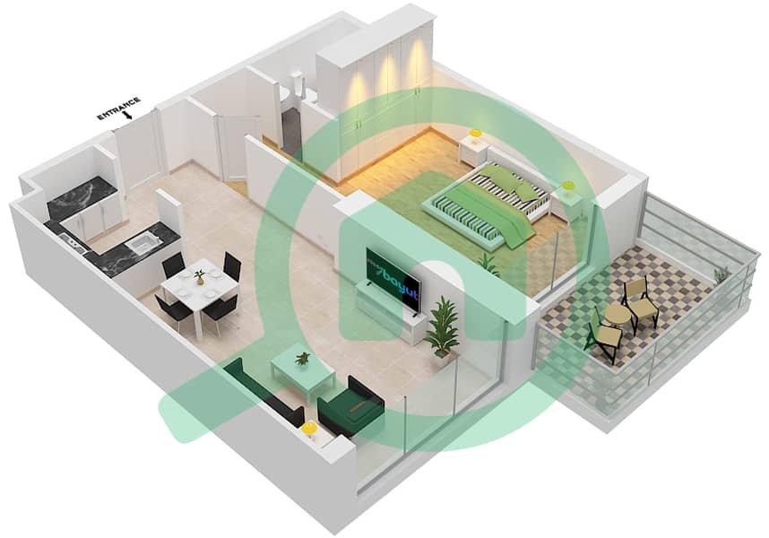 المخططات الطابقية لتصميم الوحدة 2  FLOOR 60-62 شقة 1 غرفة نوم - آيكون سيتي interactive3D